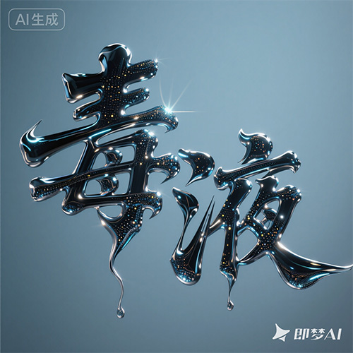 3D黑色液体特效文字字体提示词