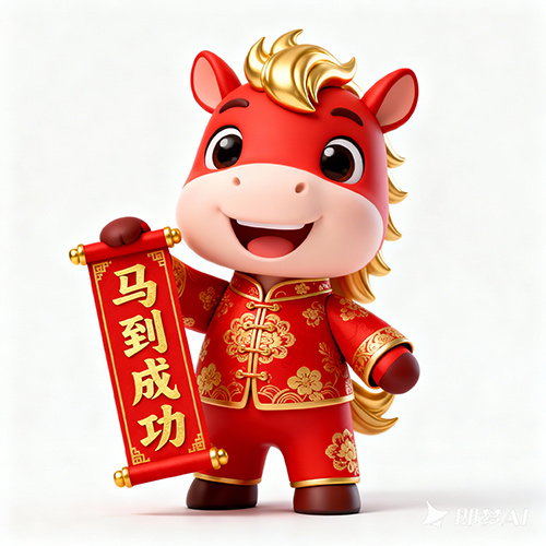 一只3D可爱身穿红色中式服装的红色小马-ai艺绘资源