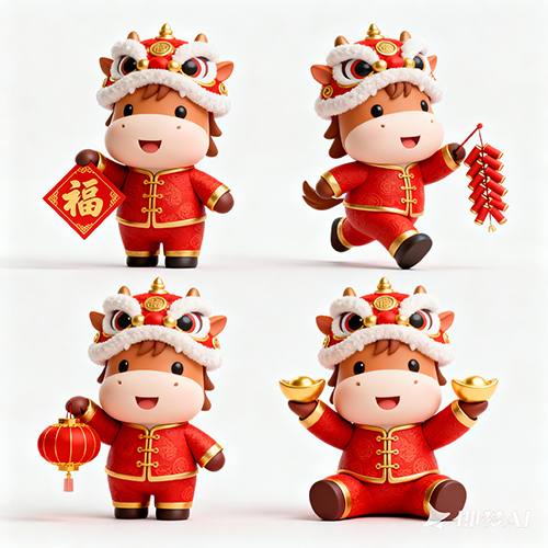 3D渲染可爱卡通拿着不同新年元素的马-ai艺绘资源