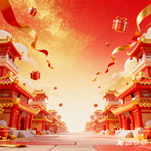 3D卡通立体插画新年喜庆古风场景红色背景-ai艺绘资源