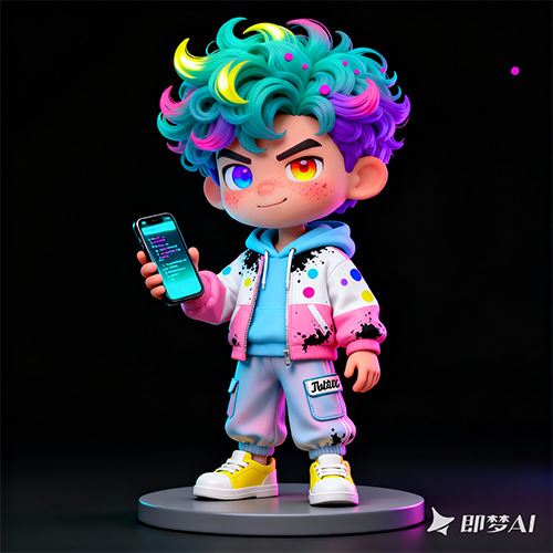 3D卡通渲染风格Q版少年手举智能手机站立男孩-ai艺绘资源