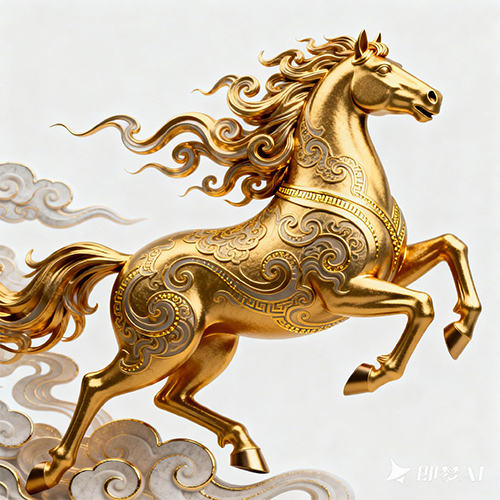 一个金色质感奔腾的骏马高级感创意3D质感-ai艺绘资源