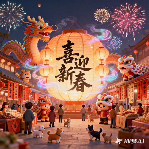 手绘风格新年创意街道场景迎春喜庆海报-ai艺绘资源