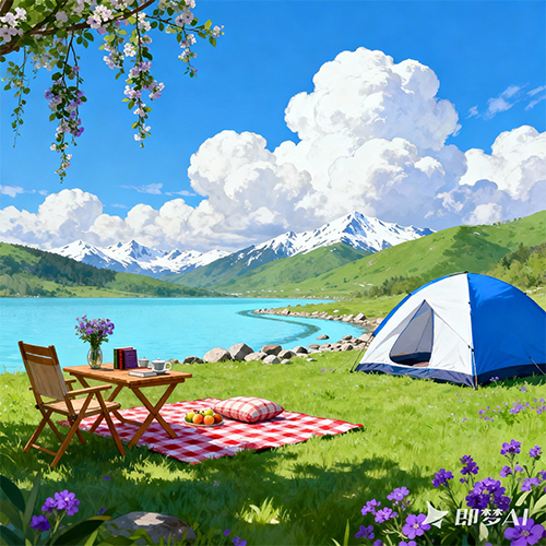 治愈风格的户外露营文艺小清新插画-ai艺绘资源