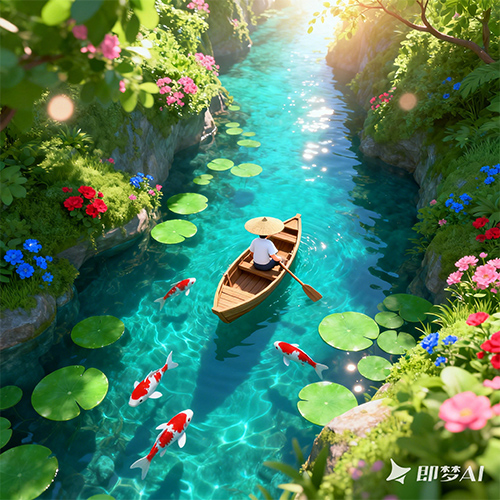 2.5D清新治愈风格的秘境溪谷泛舟场景插画-ai艺绘资源