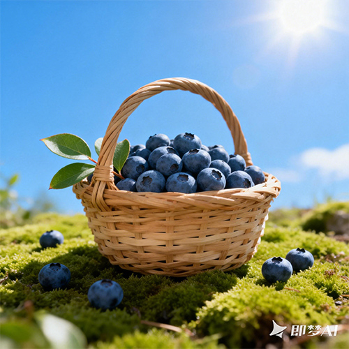 个装满饱满蓝莓的藤编篮子写实摄影-ai艺绘资源