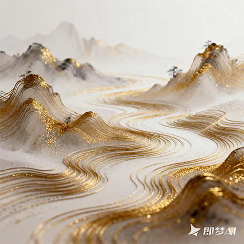 3D超现实主义科技高级感中国风创意线条山水插画-ai艺绘资源