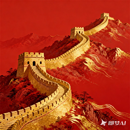 古代创意风格的长城蜿蜒立于山峦之上艺术插画-ai艺绘资源