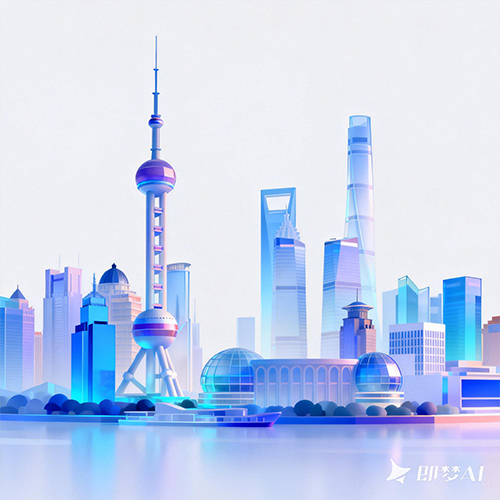 3D蓝色炫彩渐变数字艺术城市渐变风格插画-ai艺绘资源