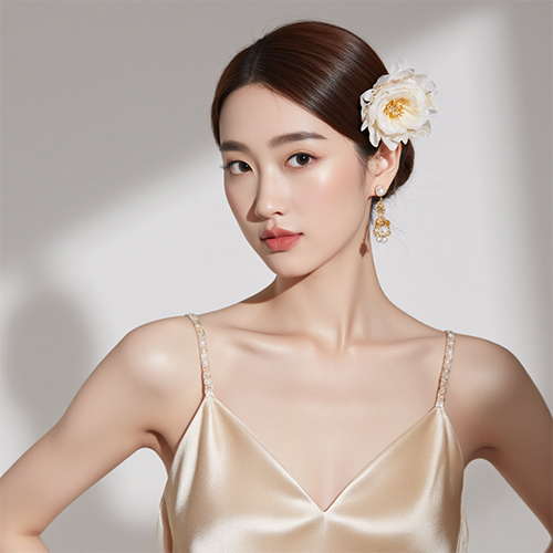 靓丽女性广告模特面部护肤人像暖色调特写提示词-ai艺绘资源