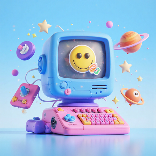 3D创意动漫画风复古电脑桌场景插画海报素材-ai艺绘资源