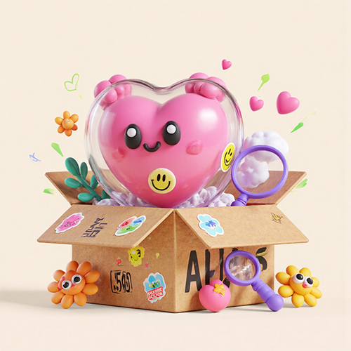 3D创意动漫画风包裹爱心元素插画海报素材-ai艺绘资源