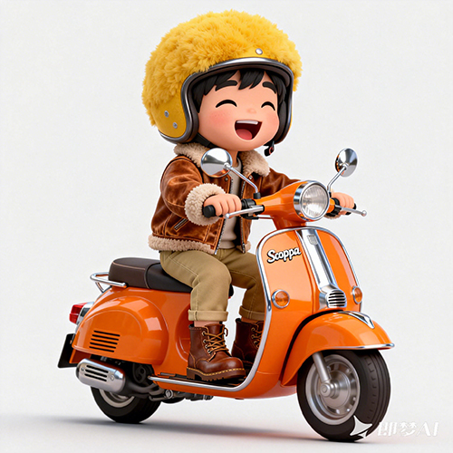 Q 版 3D 卡通风格的复古机车男孩形象-ai艺绘资源