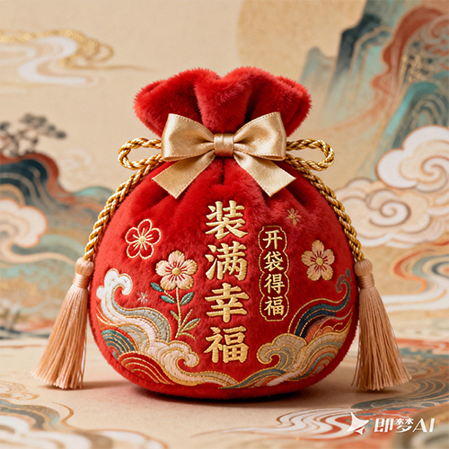 温馨可爱风的圆滚滚胖嘟嘟毛绒质感红色福袋-ai艺绘资源