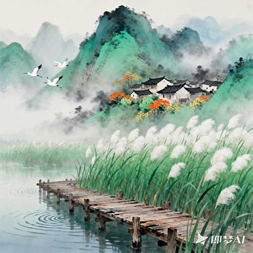 新中式水墨治愈风层叠晕染的青绿青山水墨画-ai艺绘资源