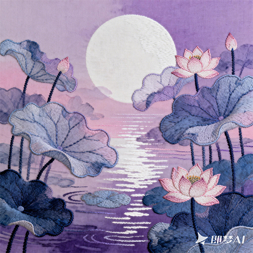 刺绣与水墨结合呈现荷塘月色奇景国风创意插画-ai艺绘资源