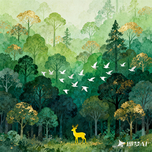 层次丰富的绿意盎然手绘风森林场景插画-ai艺绘资源