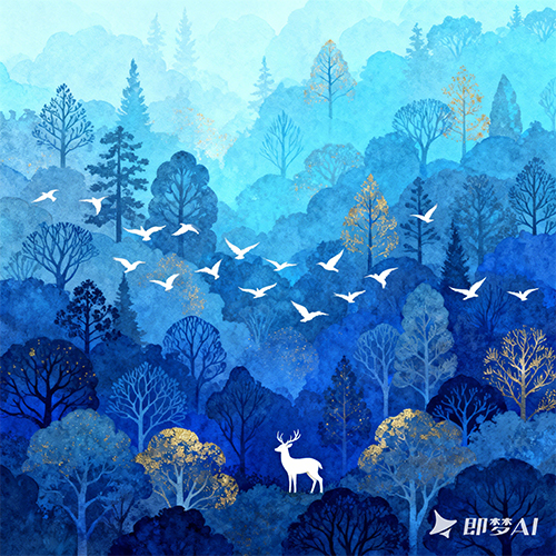 蓝色系为主绿意盎然手绘风森林场景插画-ai艺绘资源