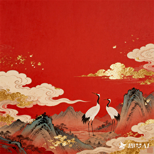 创意古风水墨画山水仙鹤插画-ai艺绘资源