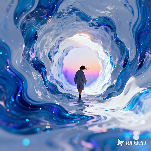 蓝白幻彩液体构成的无限延伸隧道梦幻场景-ai艺绘资源