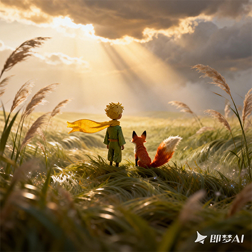小王子和小狐狸站在很遥远的草浪中芦苇浪创意插画-ai艺绘资源