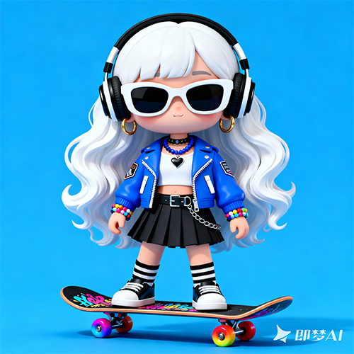 3D超酷人物站在滑板上的Q版潮酷少女-ai艺绘资源