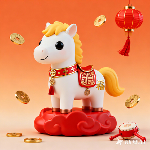 Q版国潮萌马形象白色马身暖黄色鬃毛可爱卡通形象-ai艺绘资源