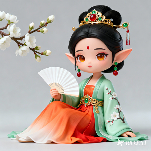 Q版国风美人渐变绿橙汉服形象3D角色-ai艺绘资源