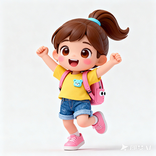 Q版活力黄色短袖T恤小女孩跳跃姿势3D形象-ai艺绘资源