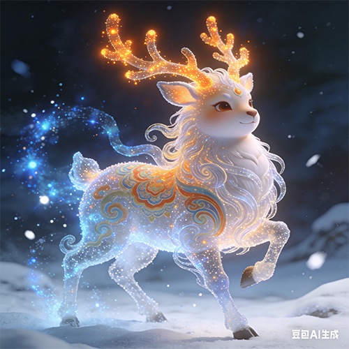 一只可爱的3D卡通插画粒子构成的麋鹿奇幻画风-ai艺绘资源