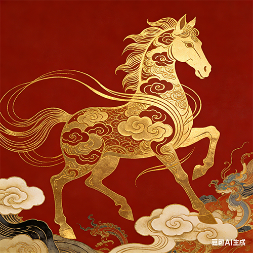 一匹奔腾的骏马新年中国风图案插画-ai艺绘资源