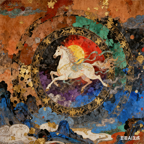 复古壁画质感仙界中国风骏马飞腾插画-ai艺绘资源