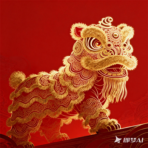 国风线稿插画醒狮舞狮图案手绘质感-ai艺绘资源