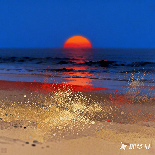 奇幻浪漫的海滩日落克莱因蓝色调抽象艺术-ai艺绘资源