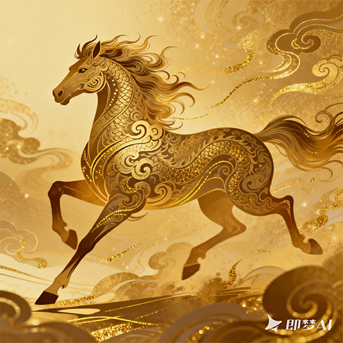 国潮风金色质感奔腾的骏马梦幻艺术风格-ai艺绘资源